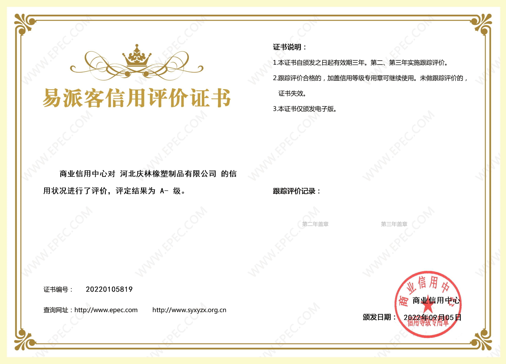 19易派客信用评价证书